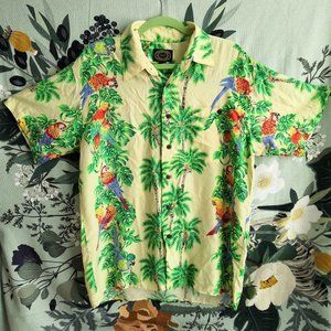Vintage Silk Hawaiian Company Mens Shirt Button Silk Yellow Tropical Tiki size M